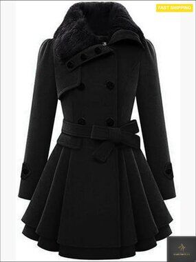 Double Breasted Trench Coat Faux Fur Lapel Flared Hem Belted Winter Wool